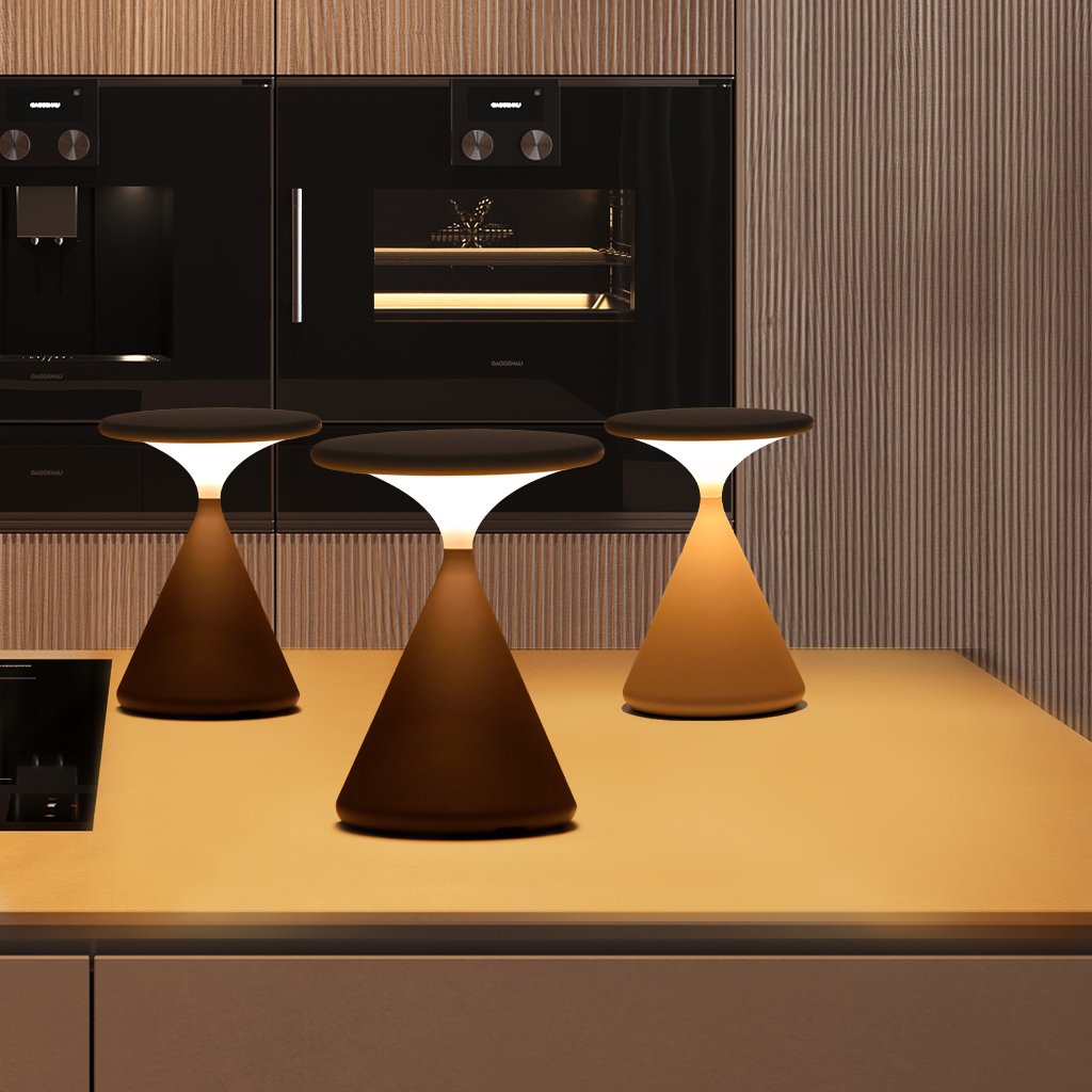 Skulpturale minimalistische Tischlampe in Sanduhrform, kabellos, dimmbar und wiederaufladbar