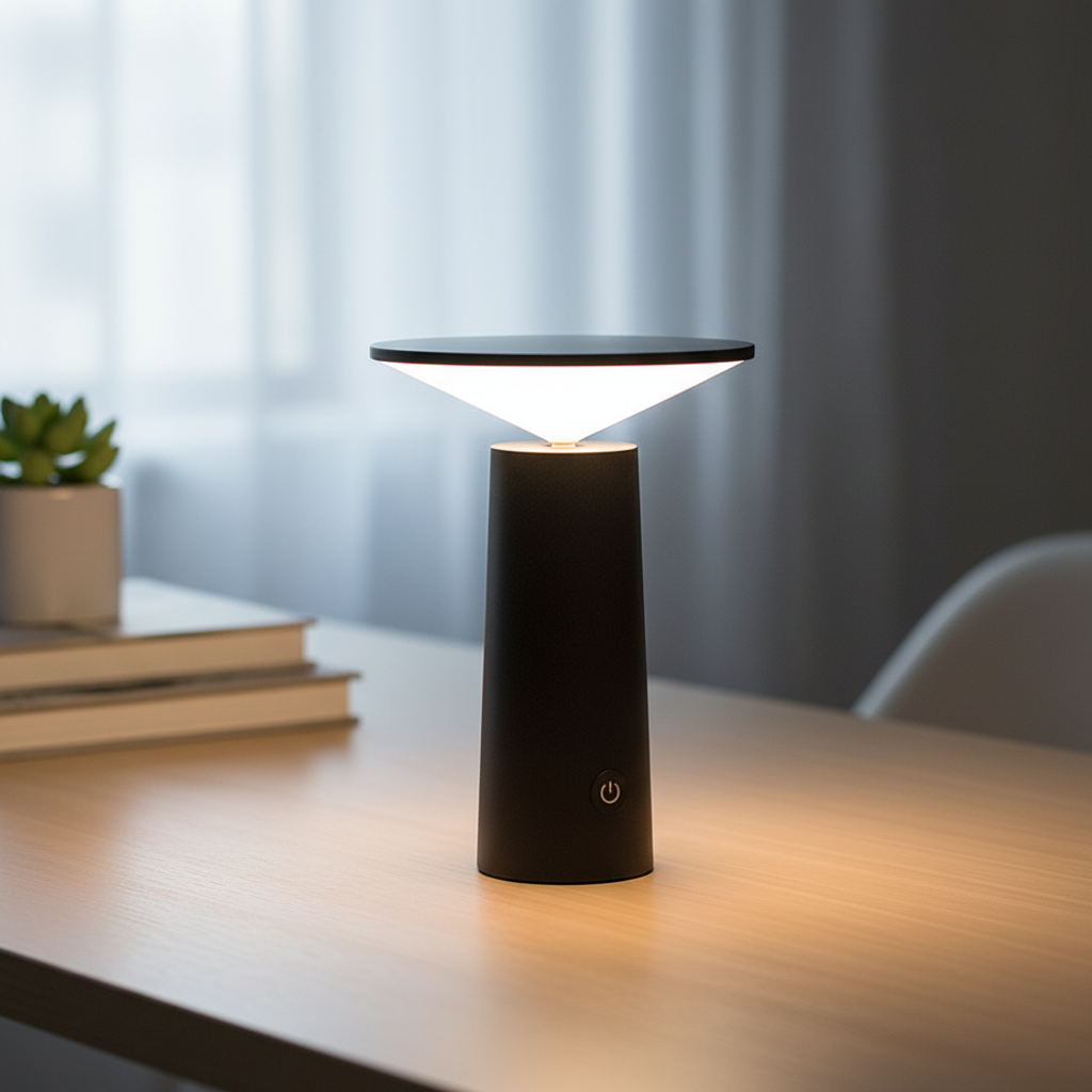 Schlanke minimalistische kabellose dimmbare Tischlampe mit dreh- und neigbarem Kopf