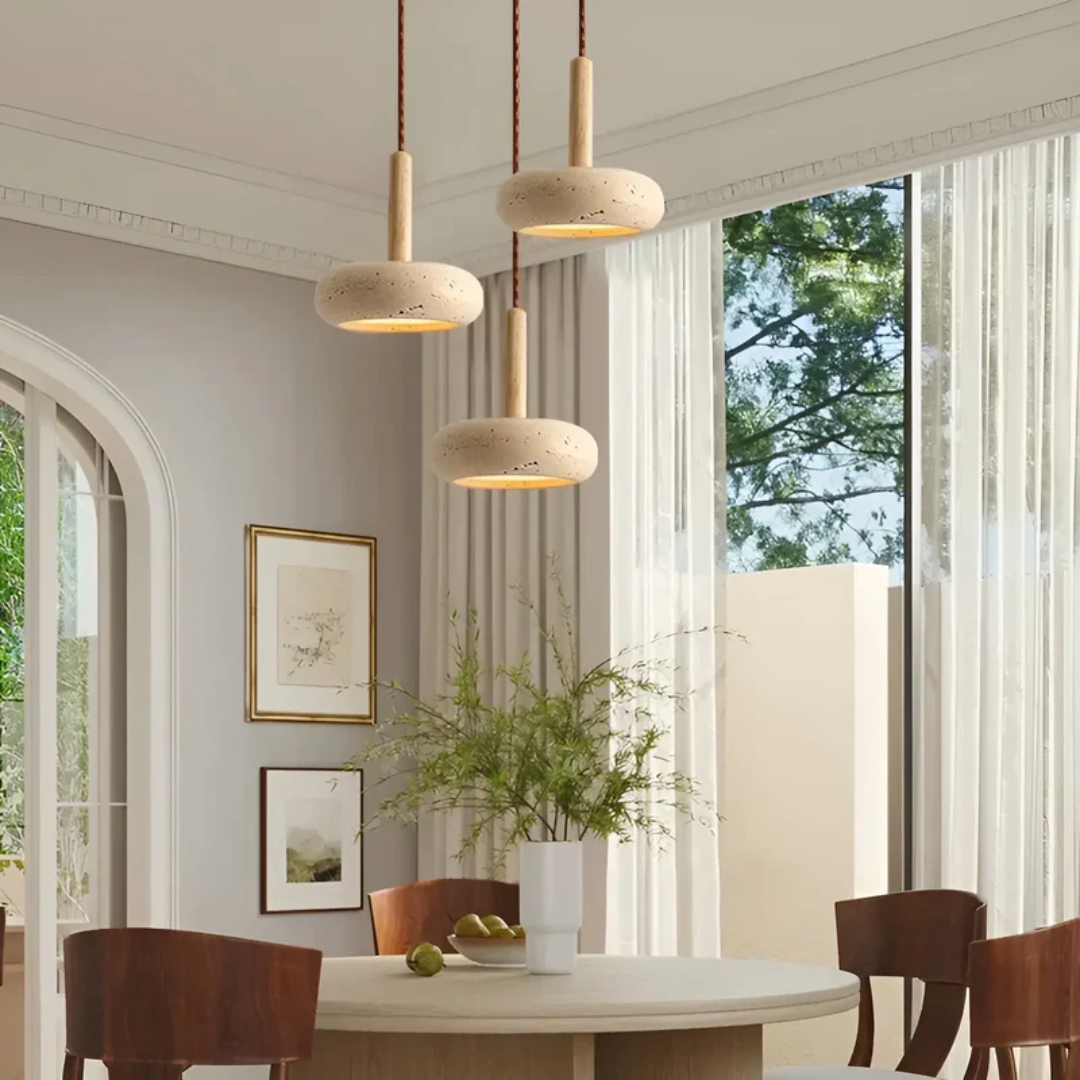 Verstellbare Pendelleuchte aus Stein und Holz mit kosmischem Halo im japanischen Stil