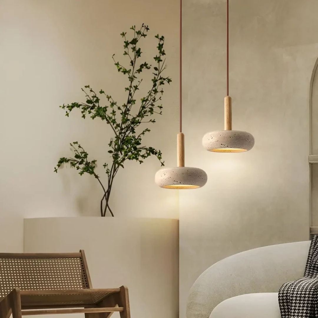 Verstellbare Pendelleuchte aus Stein und Holz mit kosmischem Halo im japanischen Stil