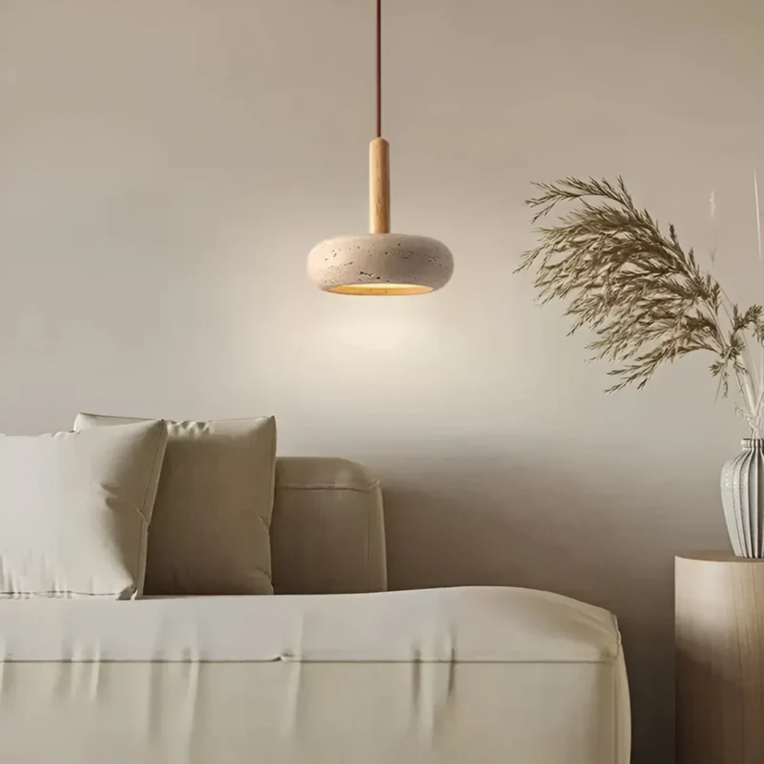 Verstellbare Pendelleuchte aus Stein und Holz mit kosmischem Halo im japanischen Stil