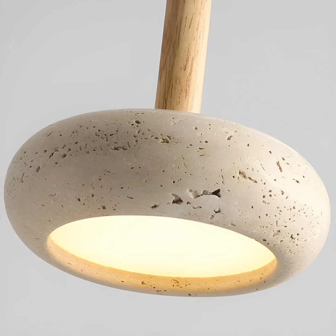 Verstellbare Pendelleuchte aus Stein und Holz mit kosmischem Halo im japanischen Stil