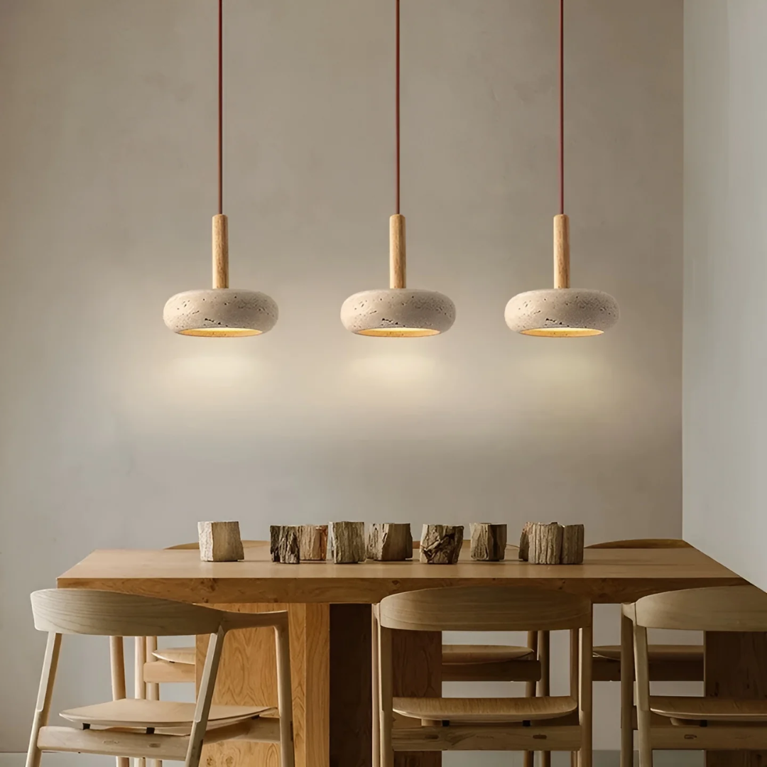 Verstellbare Pendelleuchte aus Stein und Holz mit kosmischem Halo im japanischen Stil