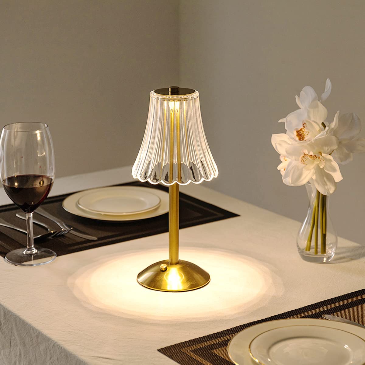 Wiederaufladbare Tischlampe im Retro-Stil mit Kristall-Lampenschirm, gebürstetem Aluminium und Touch-Steuerung