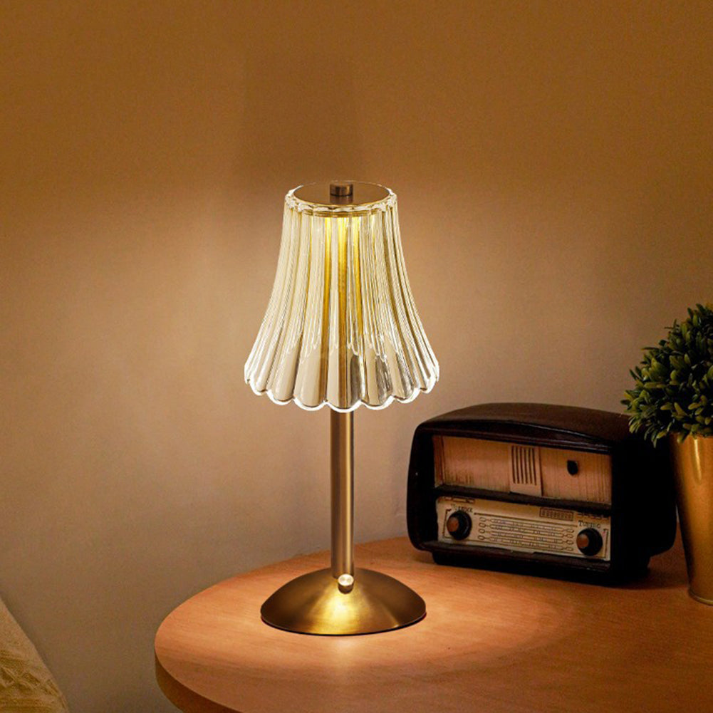 Wiederaufladbare Tischlampe im Retro-Stil mit Kristall-Lampenschirm, gebürstetem Aluminium und Touch-Steuerung