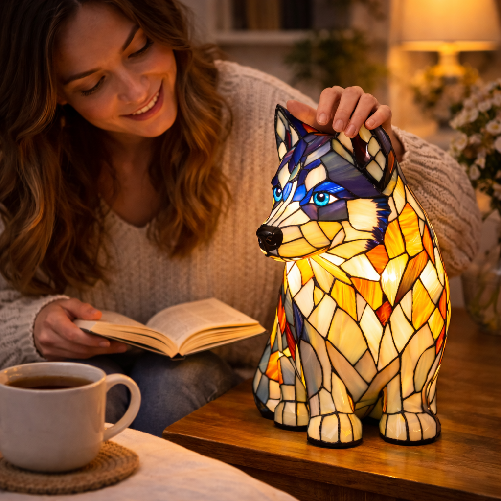 Dekorative Tischlampe aus Hundemotiv-Buntglasmosaik für das Schlafzimmer