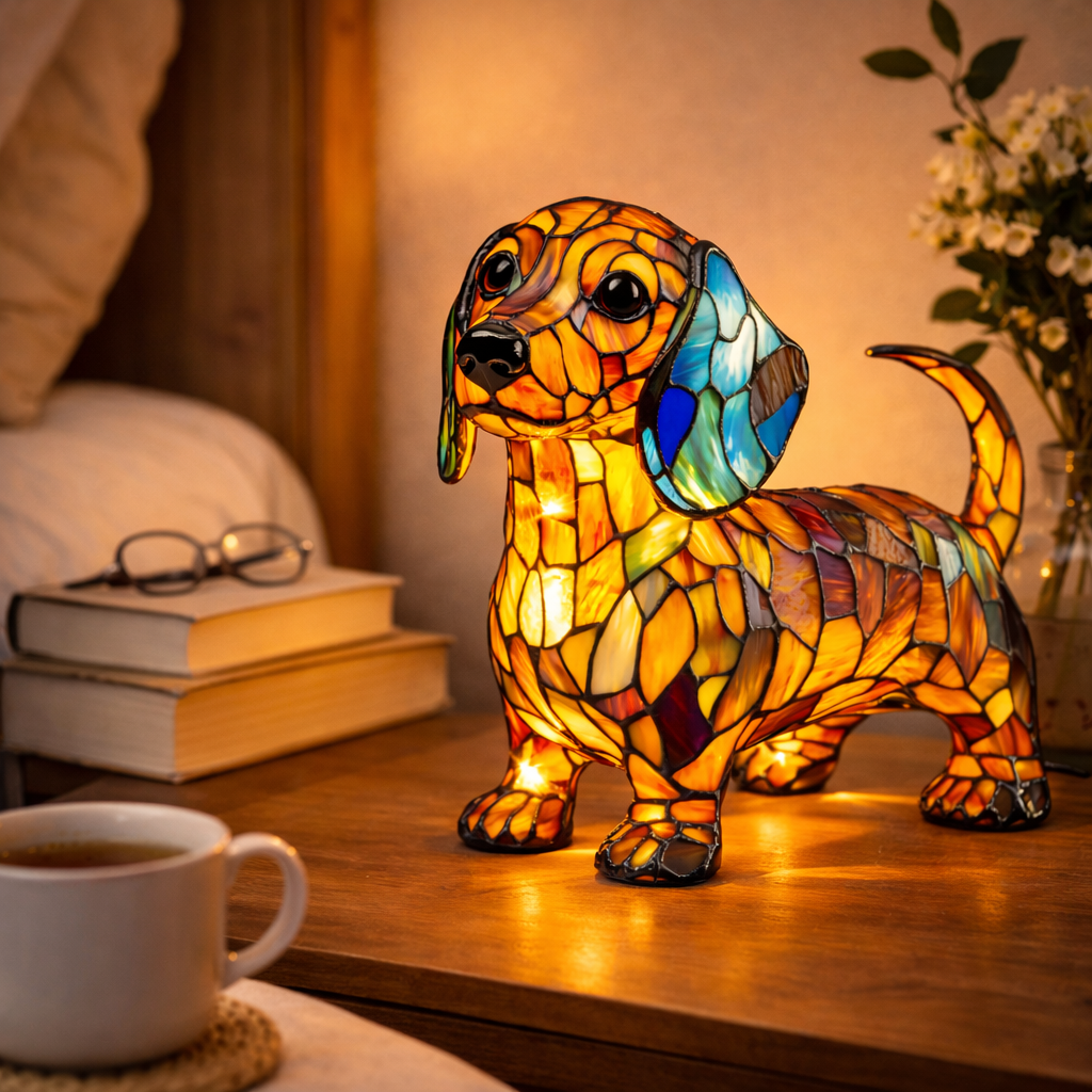 Dekorative Tischlampe aus Hundemotiv-Buntglasmosaik für das Schlafzimmer