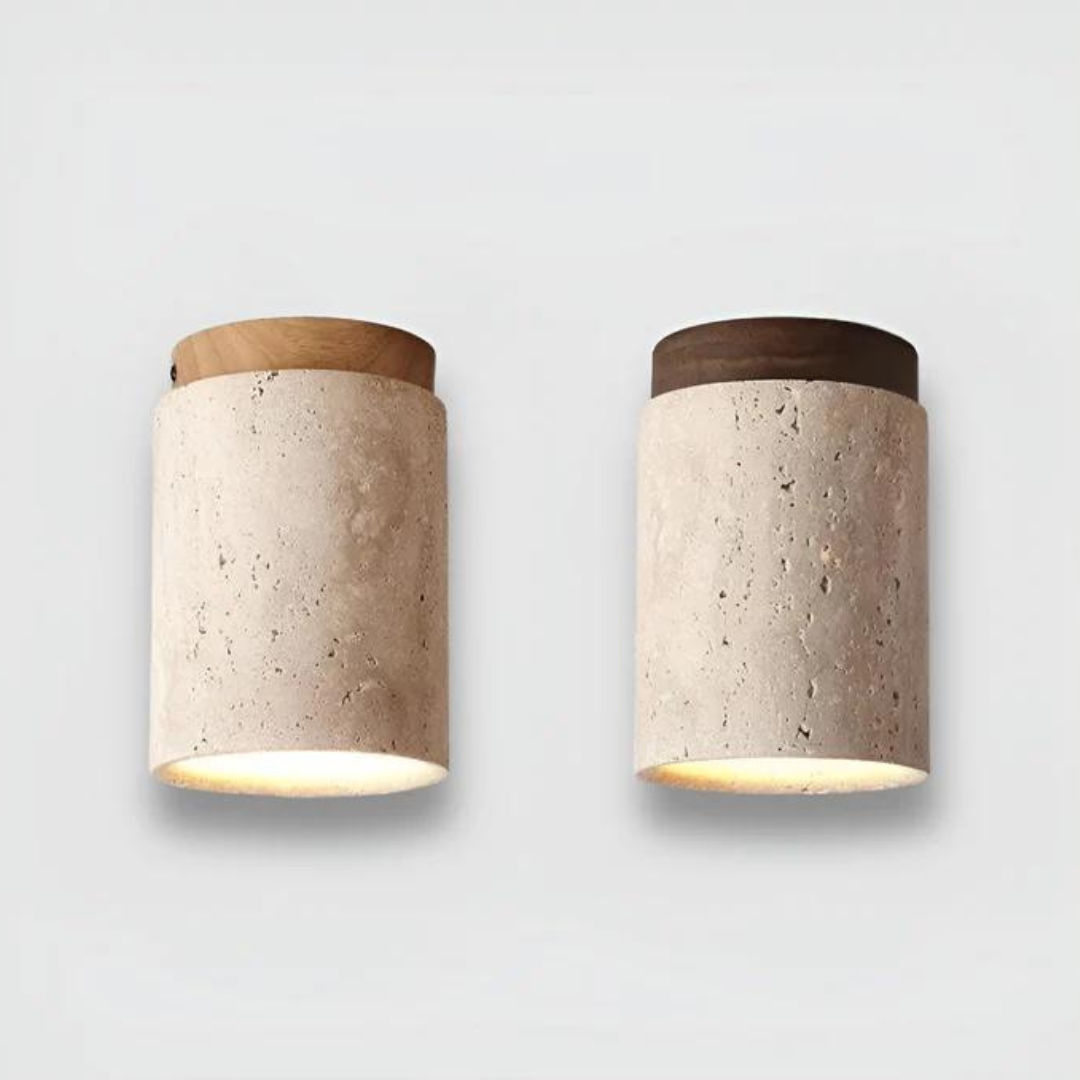 Runde Deckenleuchte aus Travertin im Wabi-Sabi-Stil mit bündiger Montage