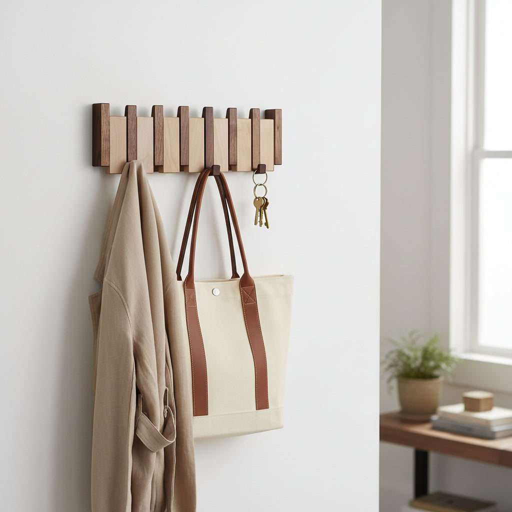 Zusammenklappbare wandmontierte Garderobenleiste aus Holz mit Haken