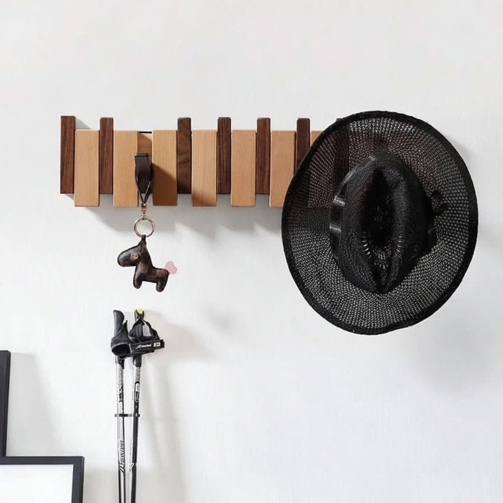 Zusammenklappbare wandmontierte Garderobenleiste aus Holz mit Haken