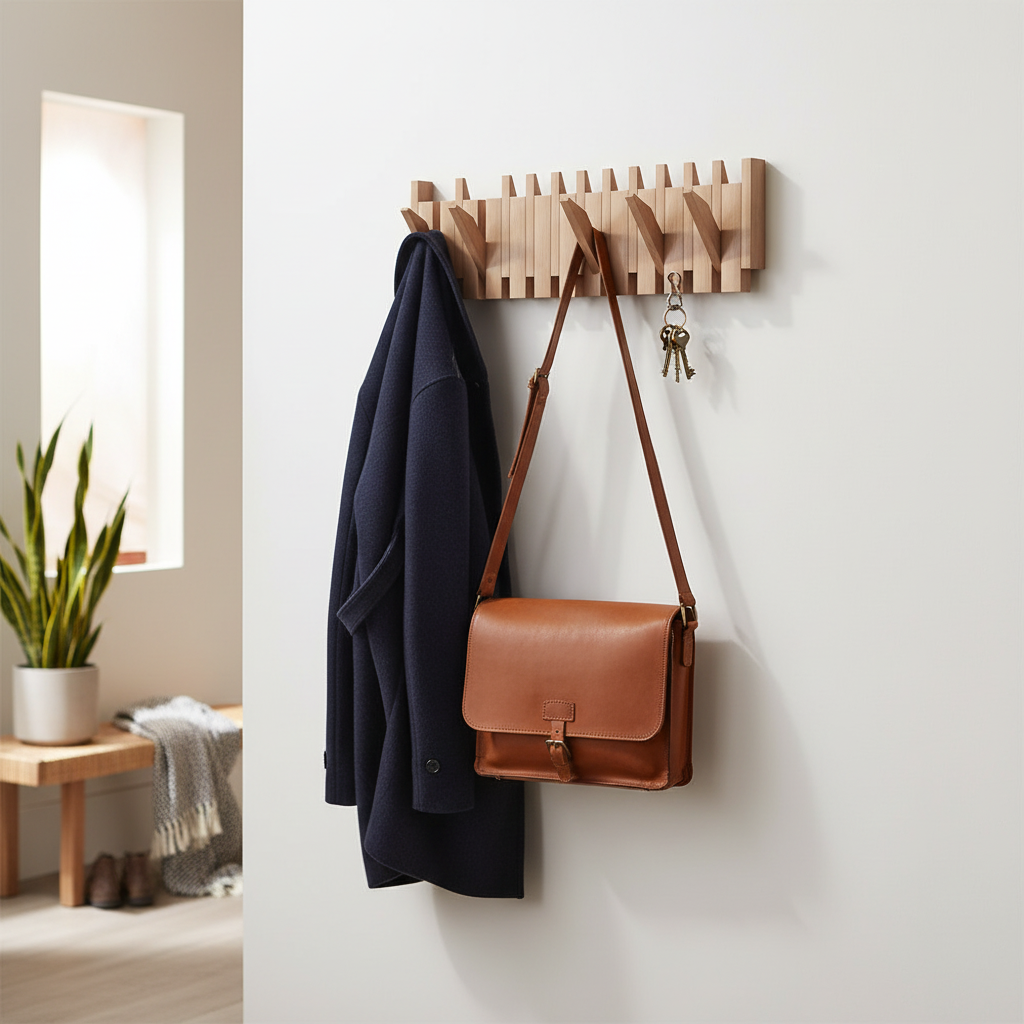Zusammenklappbare wandmontierte Garderobenleiste aus Holz mit Haken
