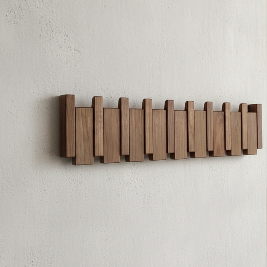 Moderne wandmontierte Garderobenleiste aus Holz im Klavierdesign