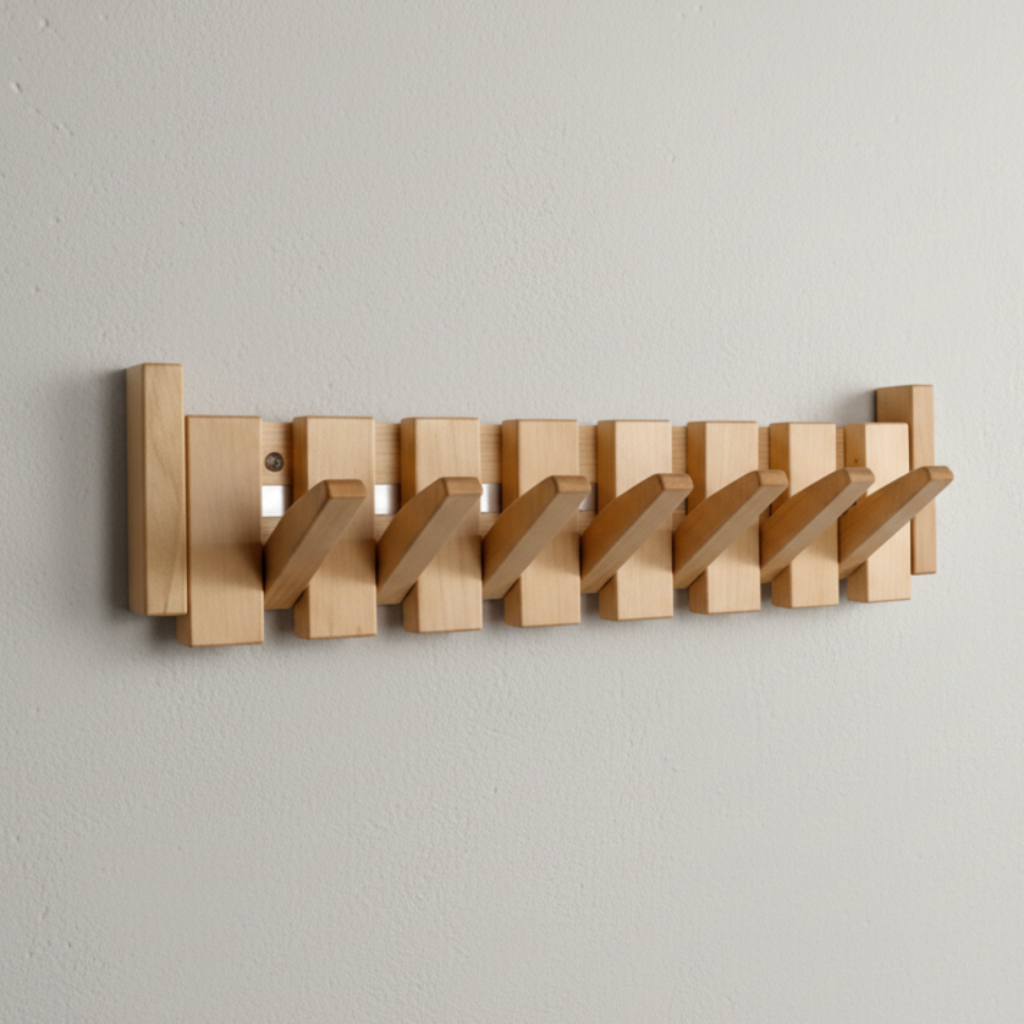 Moderne wandmontierte Garderobenleiste aus Holz im Klavierdesign