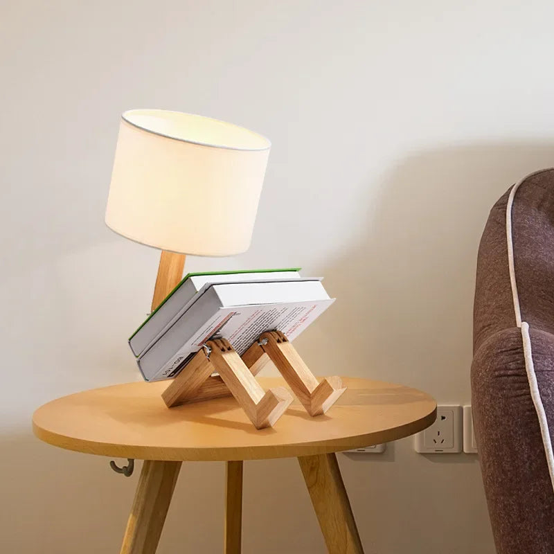 Verstellbare, faltbare Tischlampe in Roboterform aus Holz mit Buchhalter