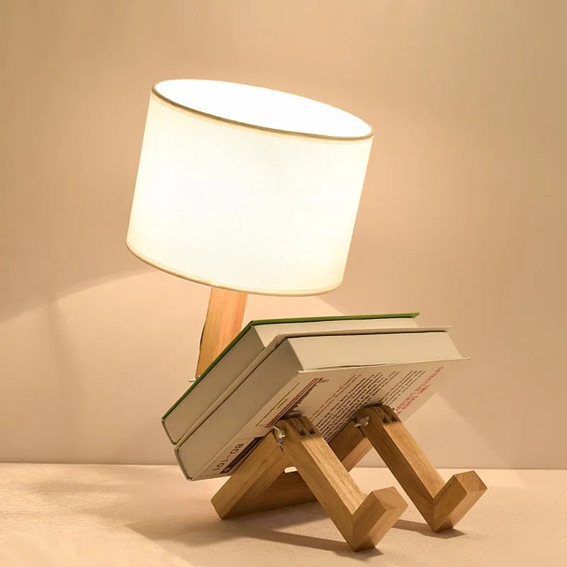 Verstellbare, faltbare Tischlampe in Roboterform aus Holz mit Buchhalter