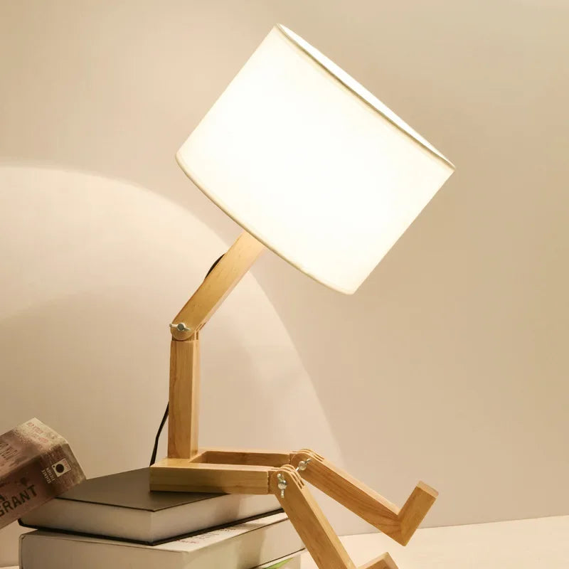 Verstellbare, faltbare Tischlampe in Roboterform aus Holz mit Buchhalter