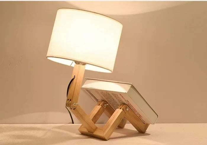 Verstellbare, faltbare Tischlampe in Roboterform aus Holz mit Buchhalter