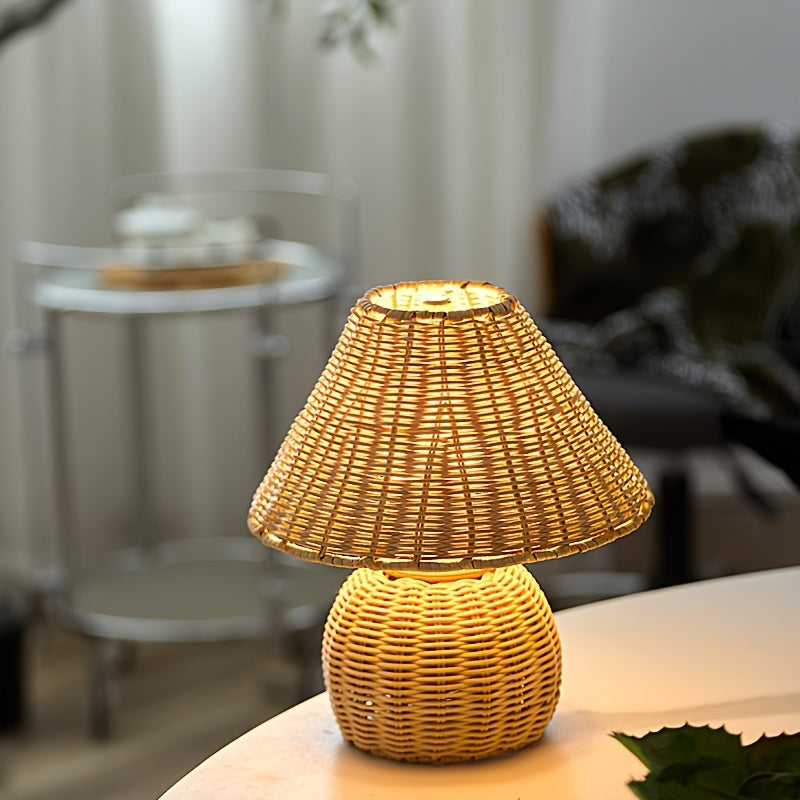 Rustikale Zen-Boho-Tischlampe mit handgewebtem Bambusgeflecht