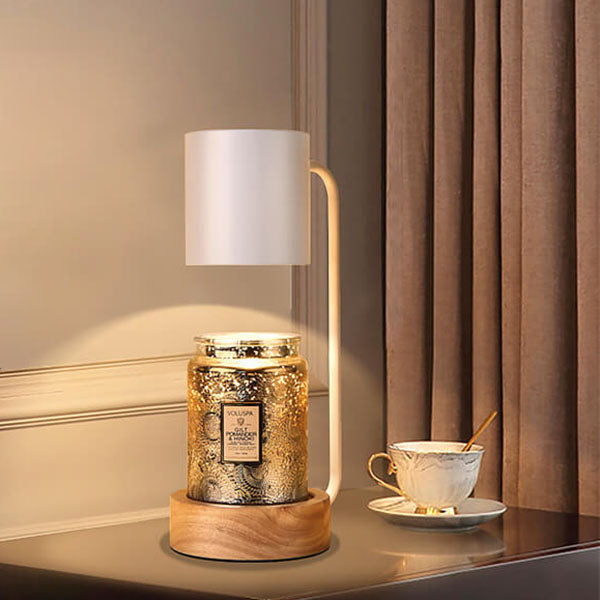 Japanisch-minimalistische Tischlampe aus Holz und Metall mit Kerzenwärmer