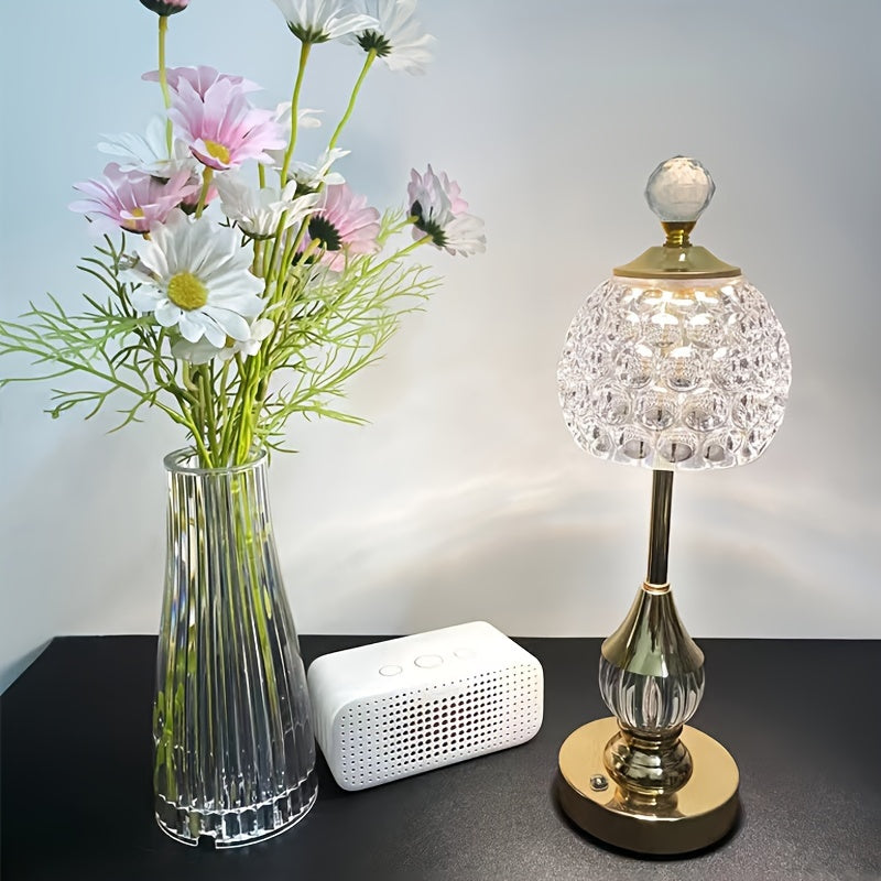 Skulpturale Tischlampe mit Kristallschirm, Touch-Dimmung, Akku und ohne Kabel