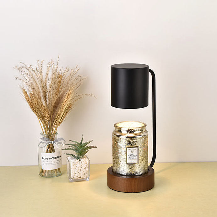 Japanisch-minimalistische Tischlampe aus Holz und Metall mit Kerzenwärmer