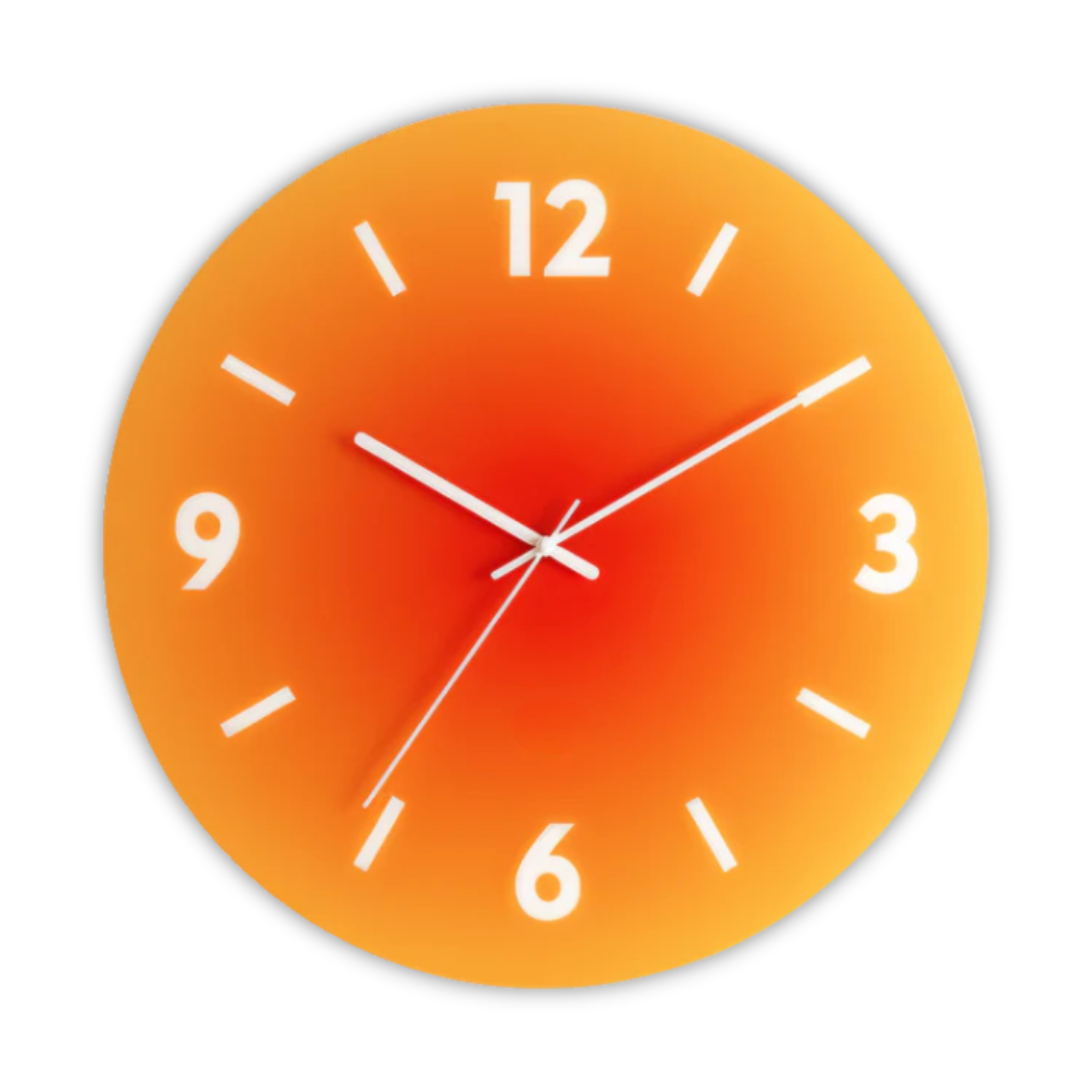 Runde Wanduhr aus Glas mit Farbverlauf im Sonnenuntergangsdesign und leisem Quarzwerk