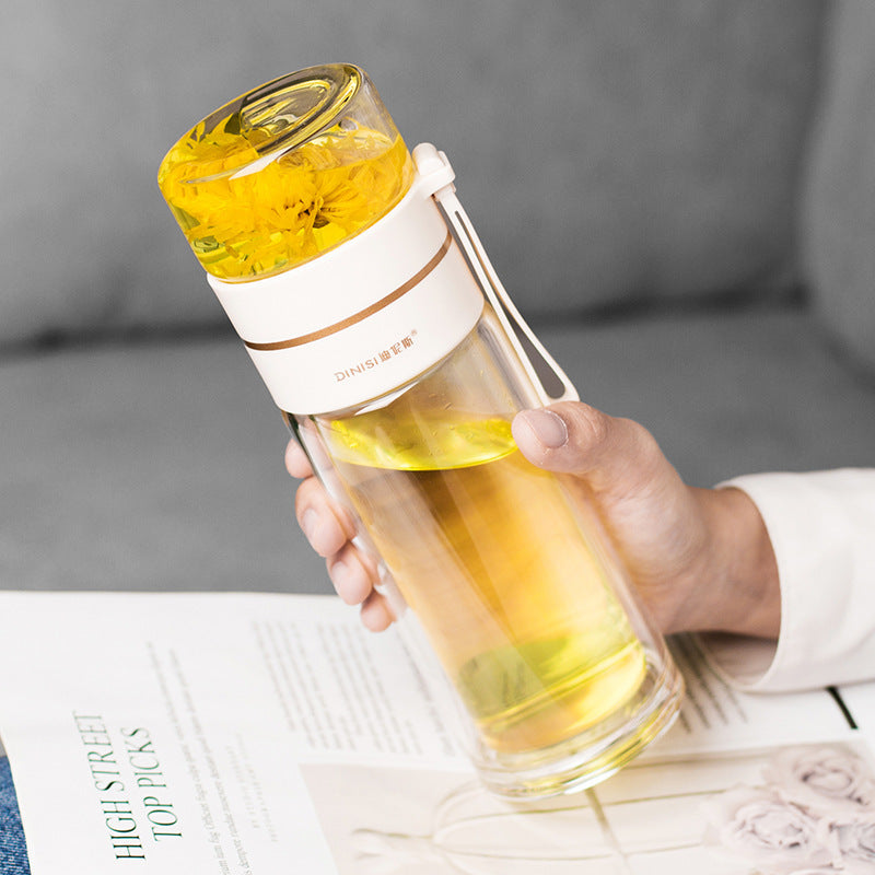 Auslaufsichere doppelwandige Trinkflasche aus Borosilikatglas mit Teesieb