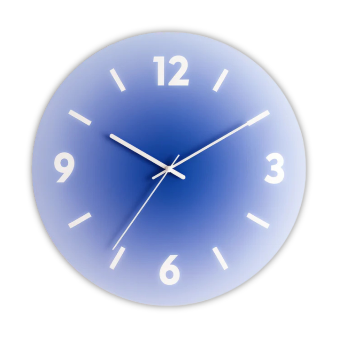 Runde Wanduhr aus Glas mit Farbverlauf im Sonnenuntergangsdesign und leisem Quarzwerk