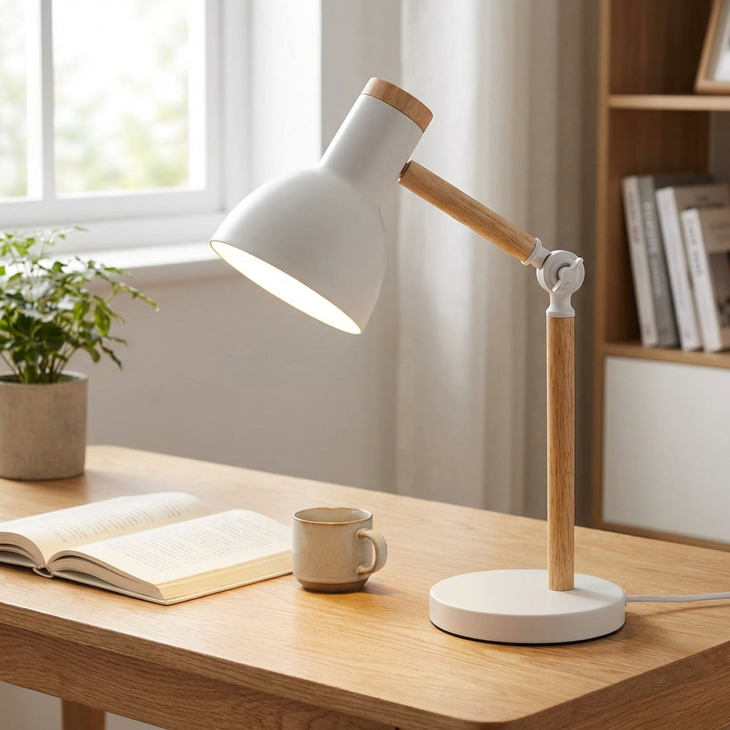 Skandinavische verstellbare Arbeits-Tischlampe mit halber Kuppel aus Holz und Metall