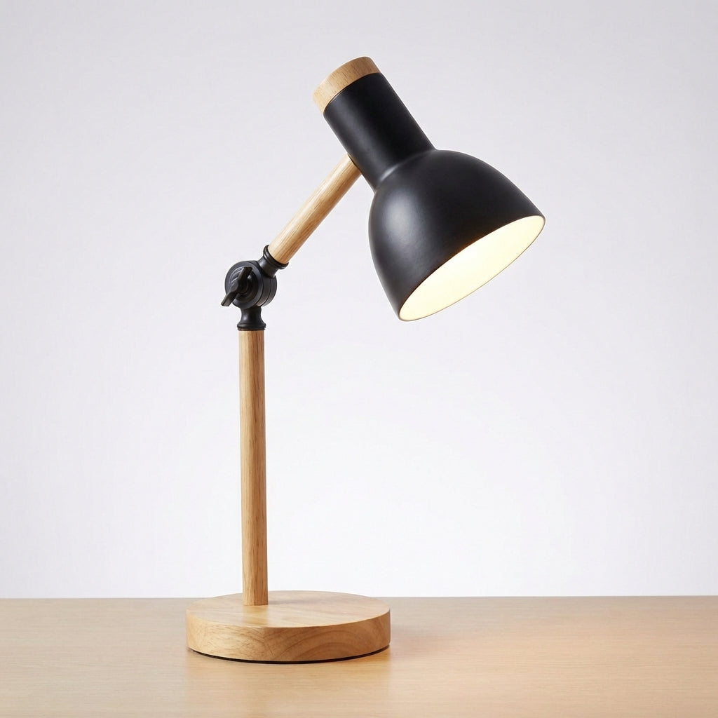 Skandinavische verstellbare Arbeits-Tischlampe mit halber Kuppel aus Holz und Metall