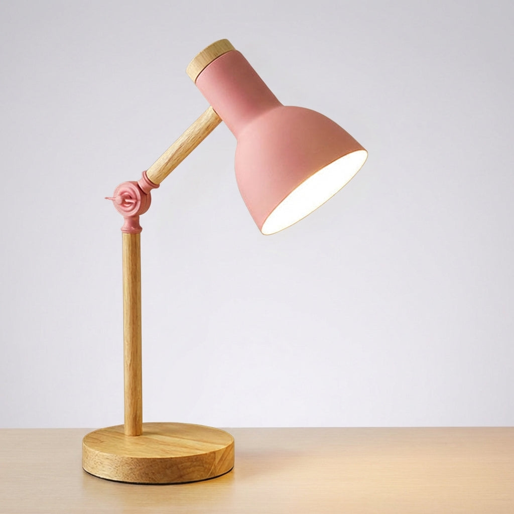 Skandinavische verstellbare Arbeits-Tischlampe mit halber Kuppel aus Holz und Metall