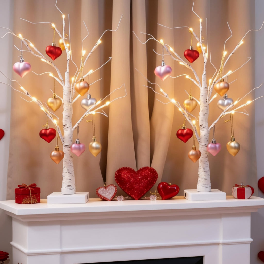 Romantische Tischlampe mit verzweigtem Birkenbaum und Herzornament