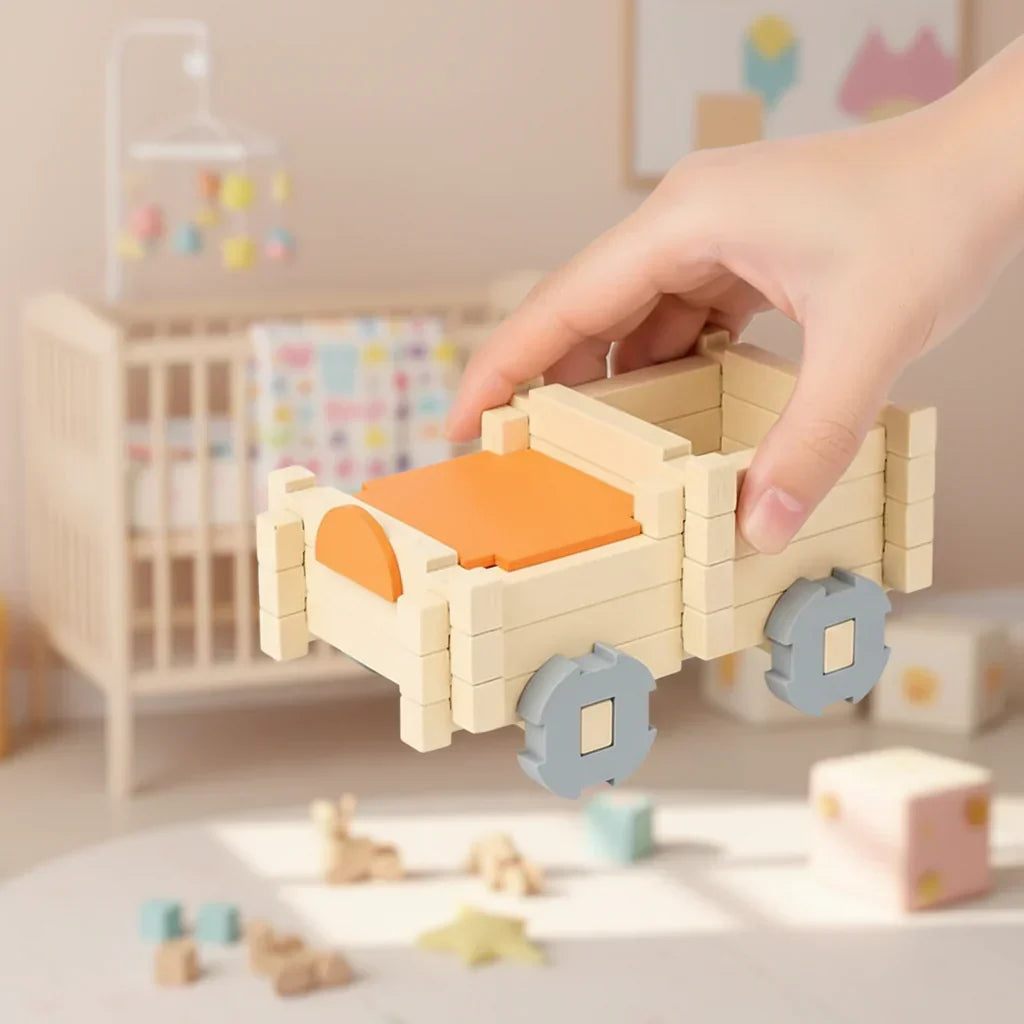 Montessori-Bauspielset aus natürlichem Holz mit Stapelbausteinen
