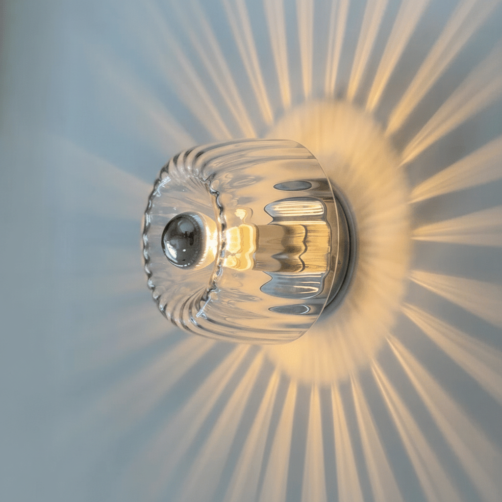 Von Bauhaus inspirierte Wandleuchte mit geriffeltem Glasschirm und Metallhalterung