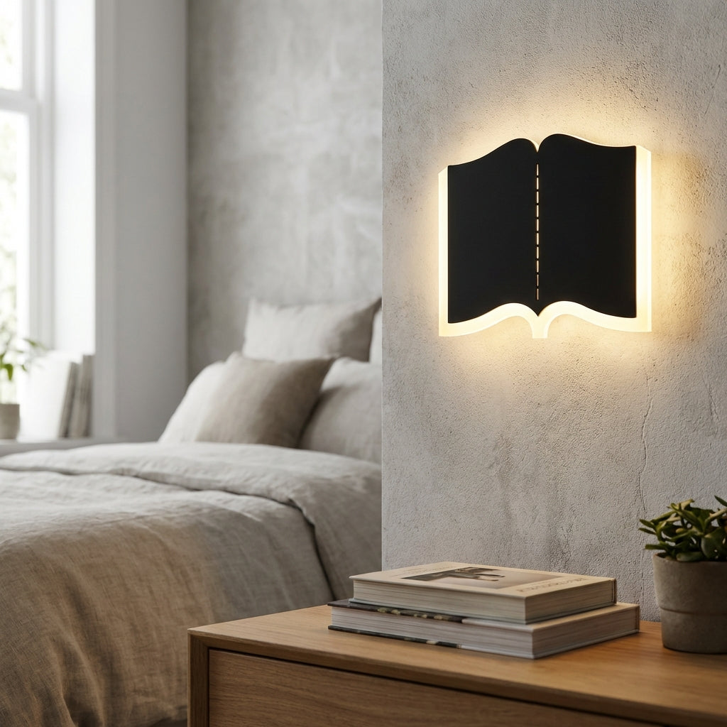Skulpturale Eisen-Acryl-Wandleuchte mit Silhouette eines geöffneten Buches