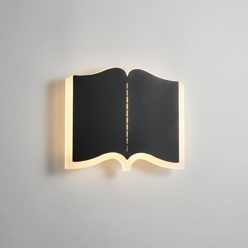 Skulpturale Eisen-Acryl-Wandleuchte mit Silhouette eines geöffneten Buches
