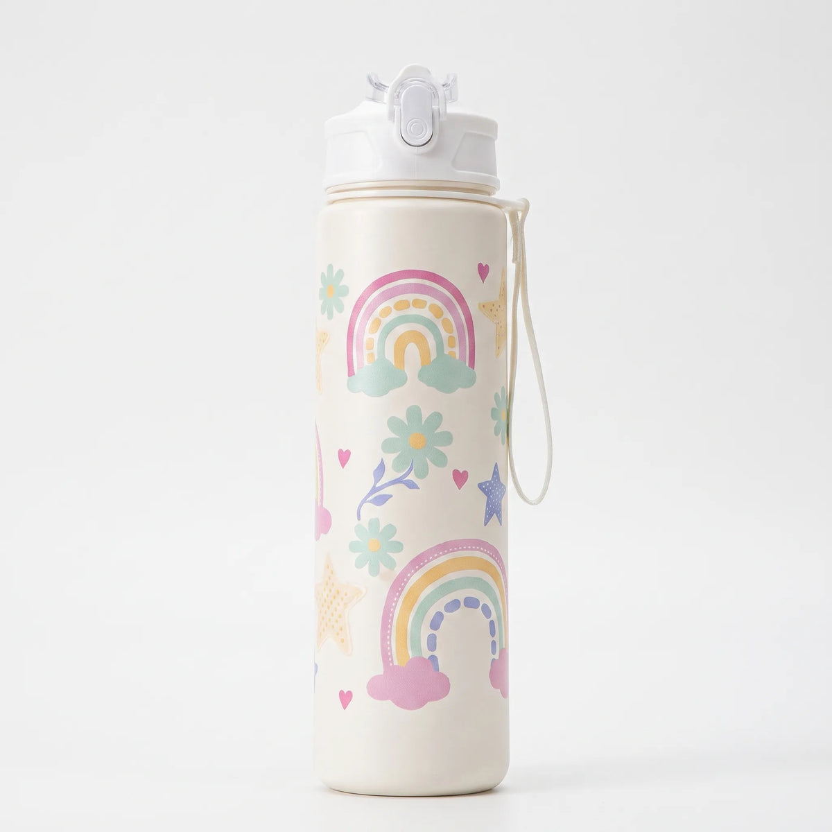 Trinkflasche mit Cartoon-Aufdruck, Druckknopf, Klappverschluss und Strohhalm