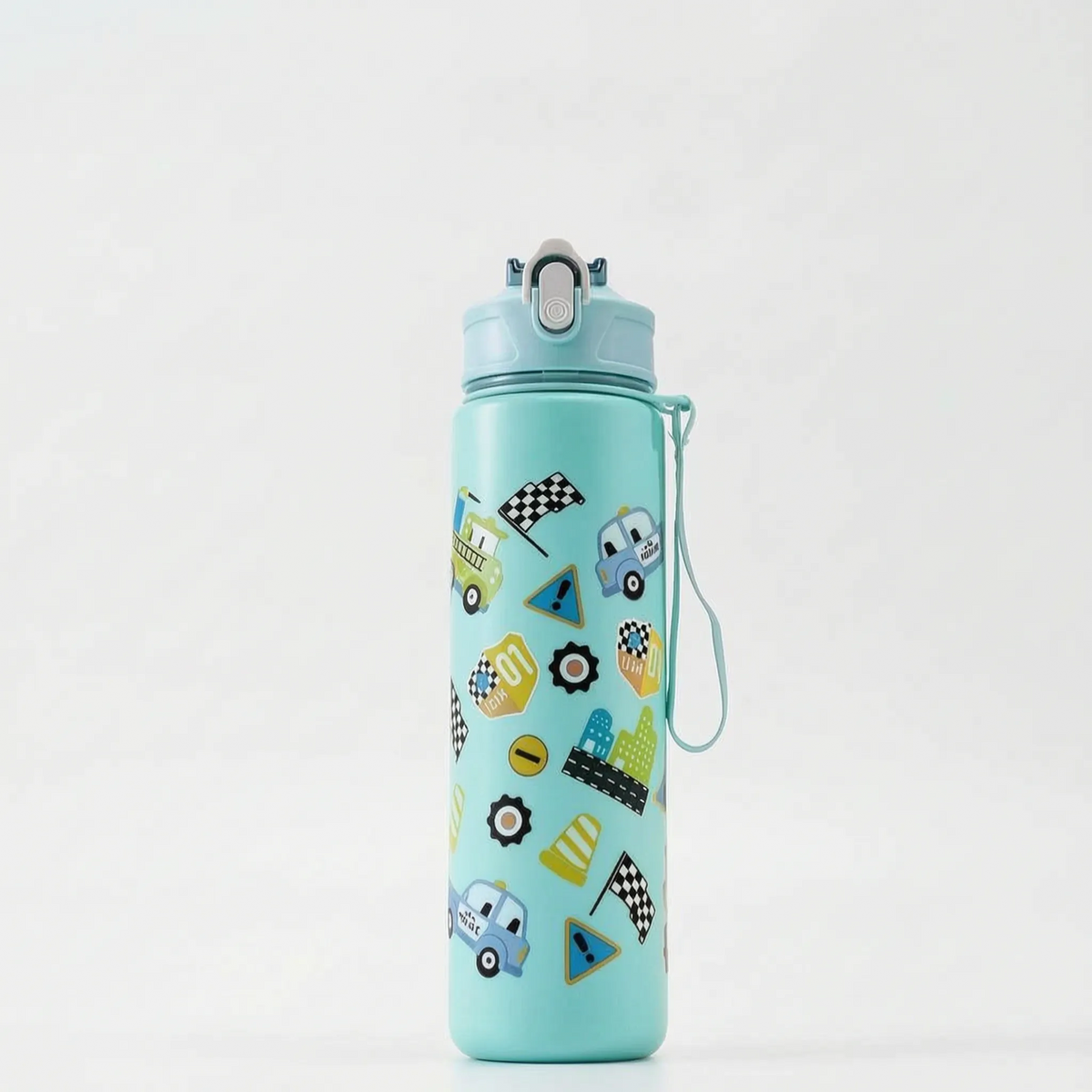 Trinkflasche mit Cartoon-Aufdruck, Druckknopf, Klappverschluss und Strohhalm