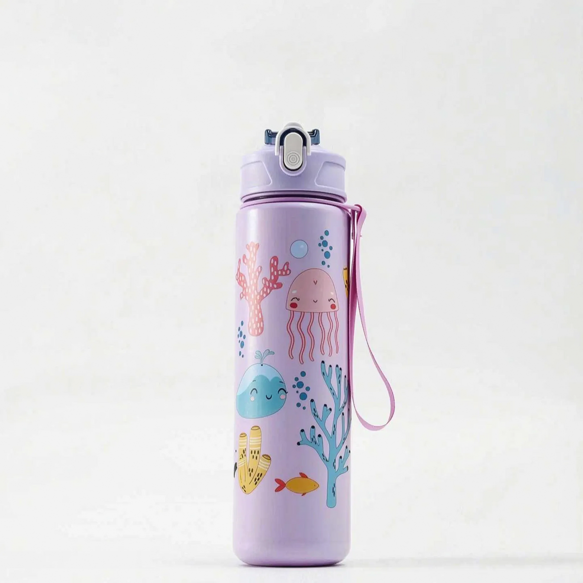 Trinkflasche mit Cartoon-Aufdruck, Druckknopf, Klappverschluss und Strohhalm