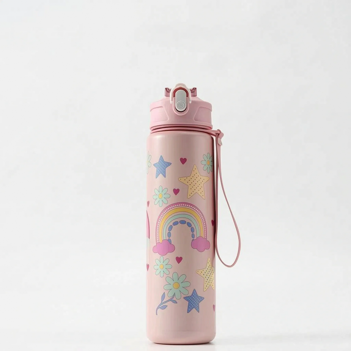 Trinkflasche mit Cartoon-Aufdruck, Druckknopf, Klappverschluss und Strohhalm