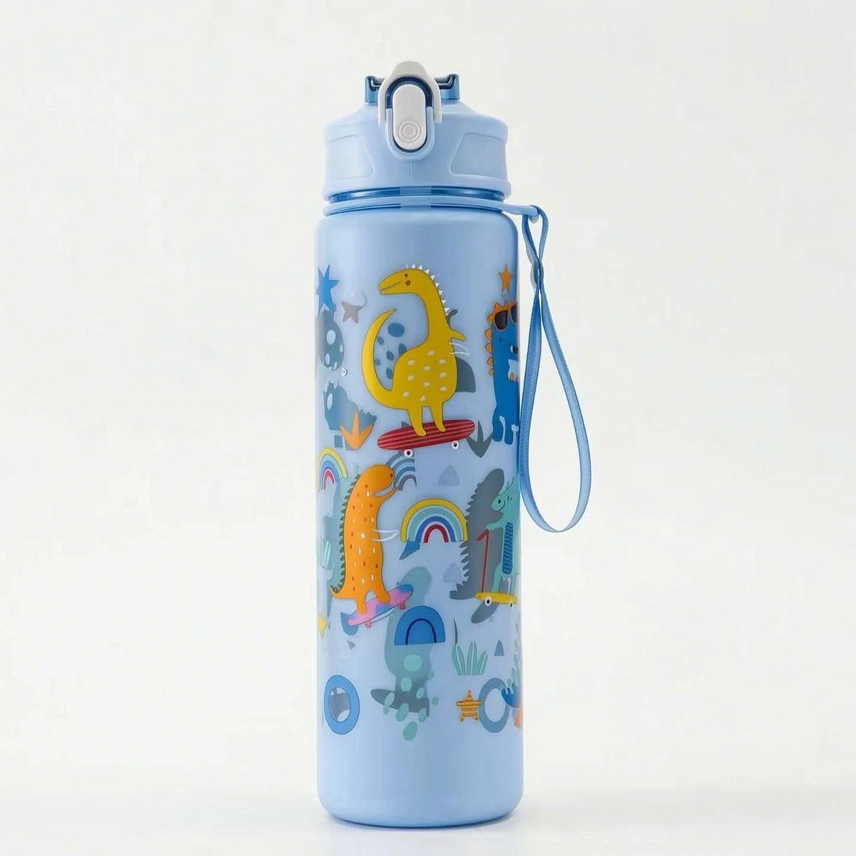 Trinkflasche mit Cartoon-Aufdruck, Druckknopf, Klappverschluss und Strohhalm