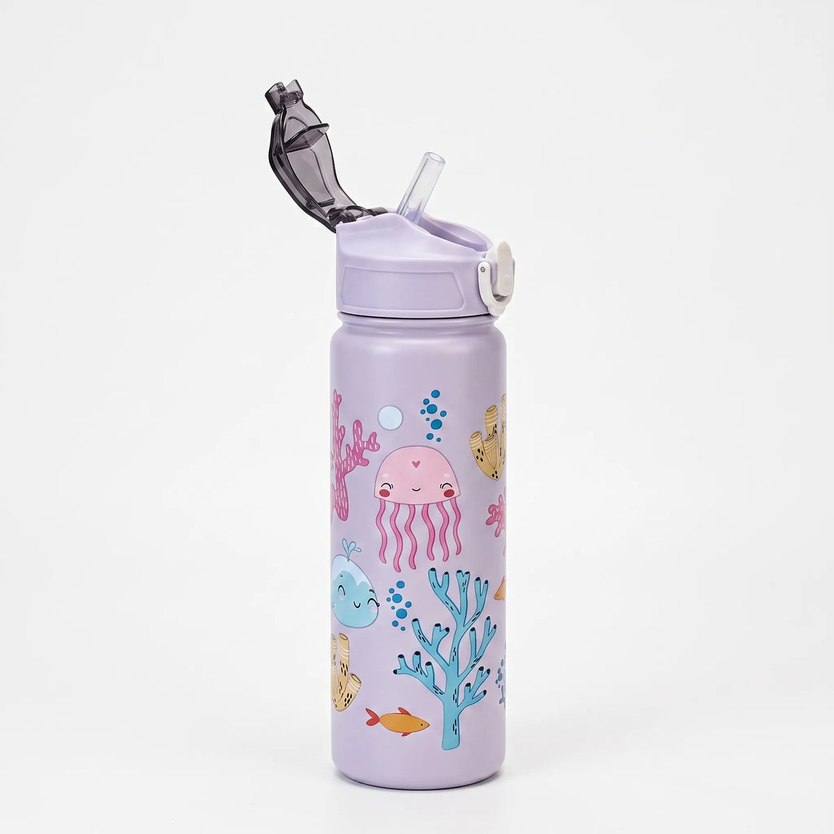 Trinkflasche mit Cartoon-Aufdruck, Druckknopf, Klappverschluss und Strohhalm