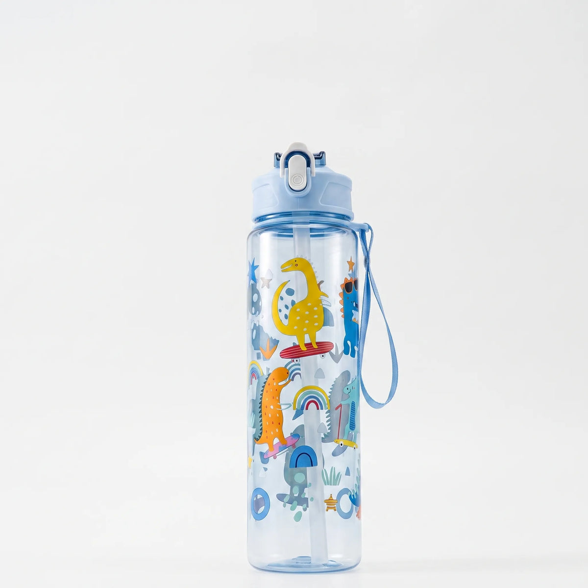 Trinkflasche mit Cartoon-Aufdruck, Druckknopf, Klappverschluss und Strohhalm
