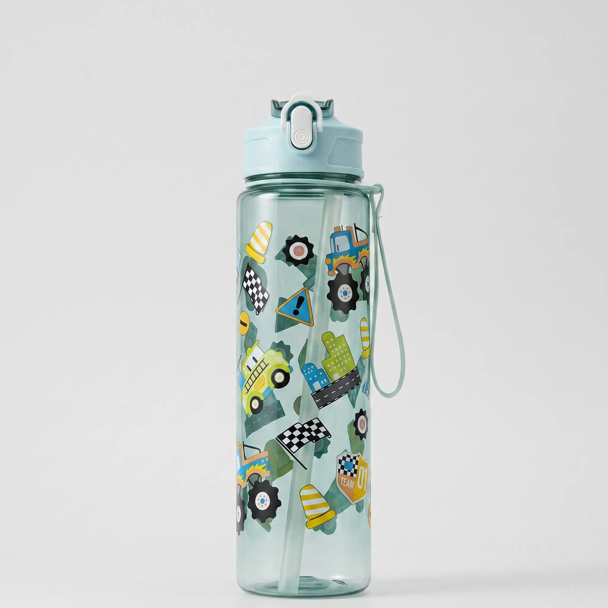 Trinkflasche mit Cartoon-Aufdruck, Druckknopf, Klappverschluss und Strohhalm