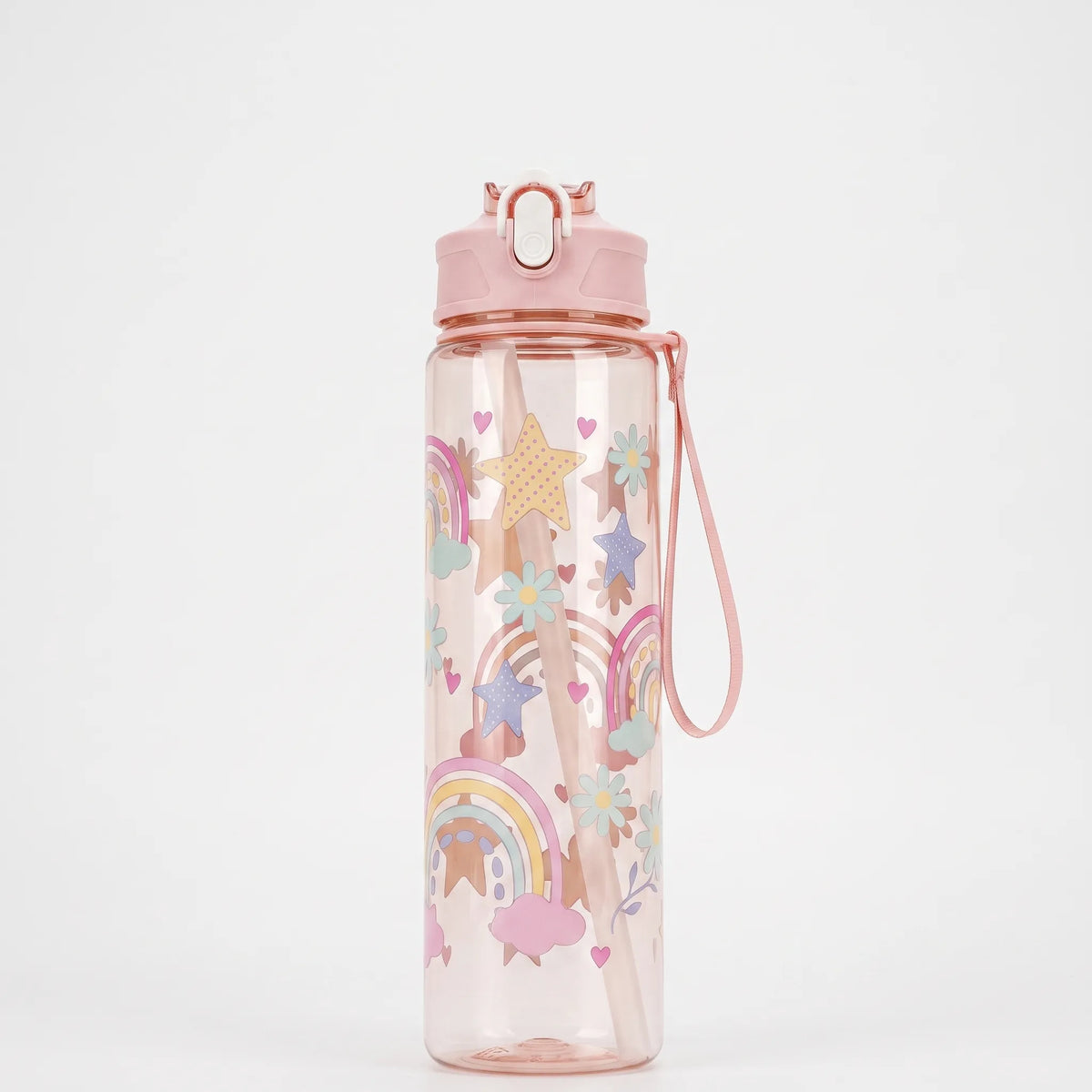 Trinkflasche mit Cartoon-Aufdruck, Druckknopf, Klappverschluss und Strohhalm