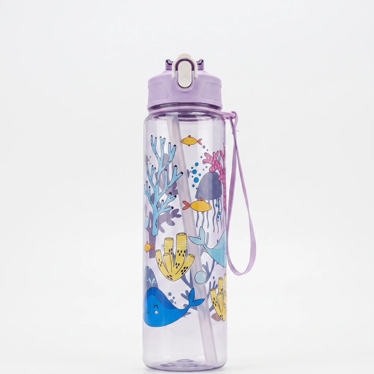 Trinkflasche mit Cartoon-Aufdruck, Druckknopf, Klappverschluss und Strohhalm