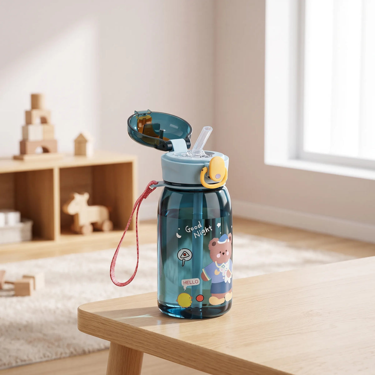 Transparente Kinder-Trinkflasche mit Bärenmotiv, Druckknopf und Strohhalm