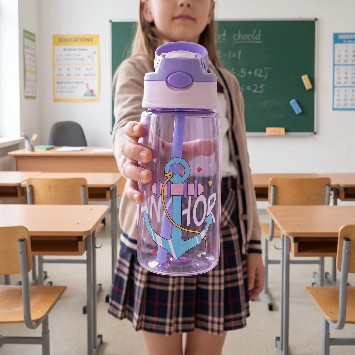 Transparente Kinder-Trinkflasche mit Cartoon-Aufdruck, Druckknopf und Strohhalm