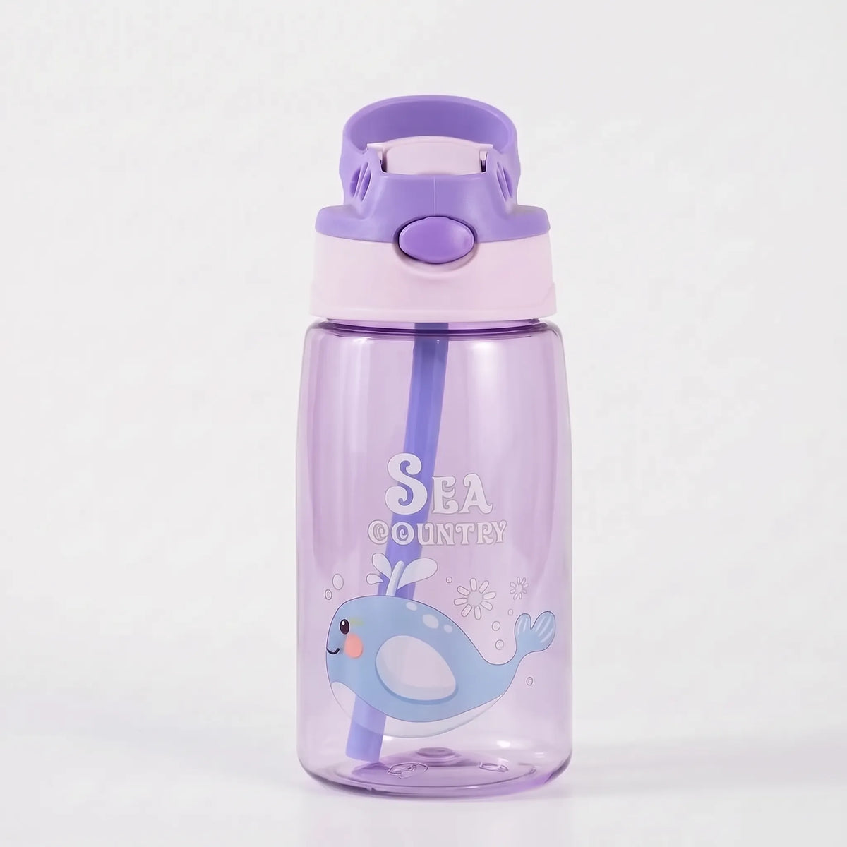 Transparente Kinder-Trinkflasche mit Cartoon-Aufdruck, Druckknopf und Strohhalm