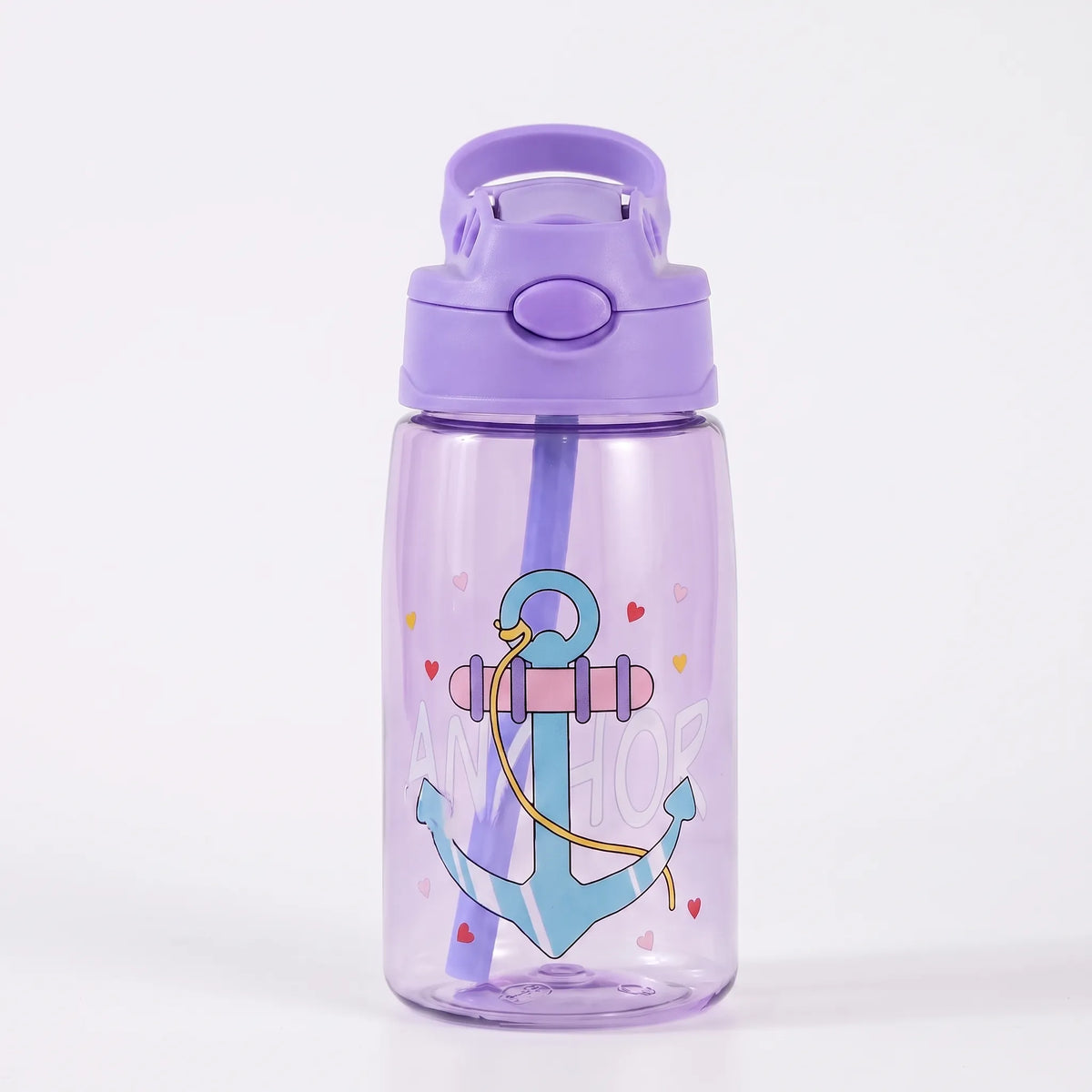 Transparente Kinder-Trinkflasche mit Cartoon-Aufdruck, Druckknopf und Strohhalm